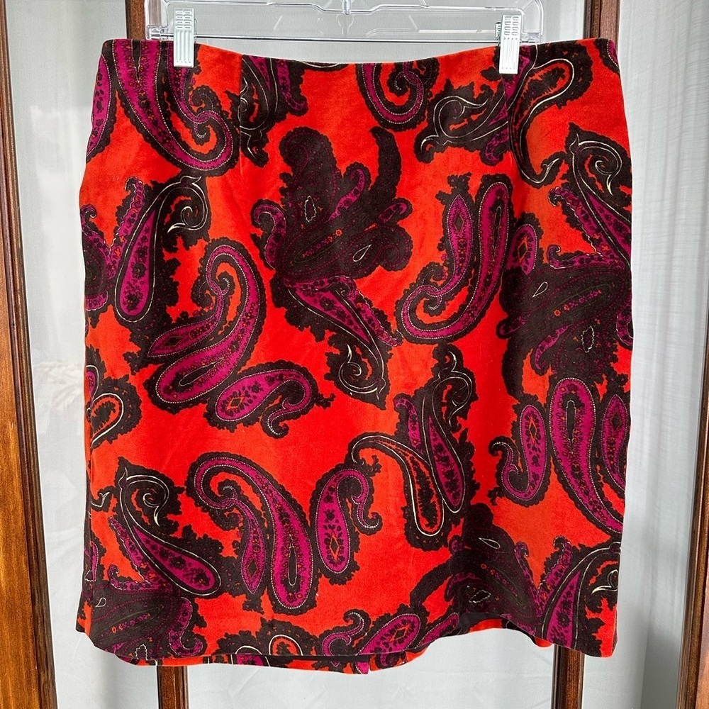 Talbots Velvet Pencil Skirt 18WP‎ Petite Red Orange Paisley Print Straight Lined